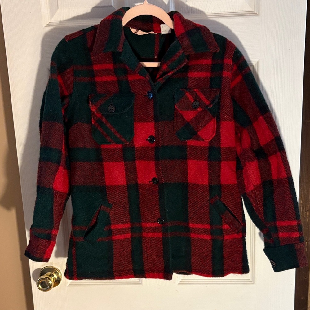 Vintage Plaid Wool Boy Scout of America/Boys life Pedro Red Dark Green Jacket.